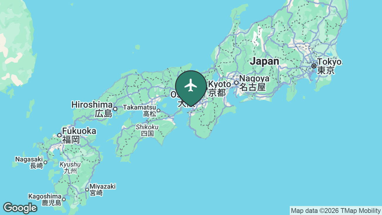 Map showing the location of Kansai International Airport (KIX) in Japan
