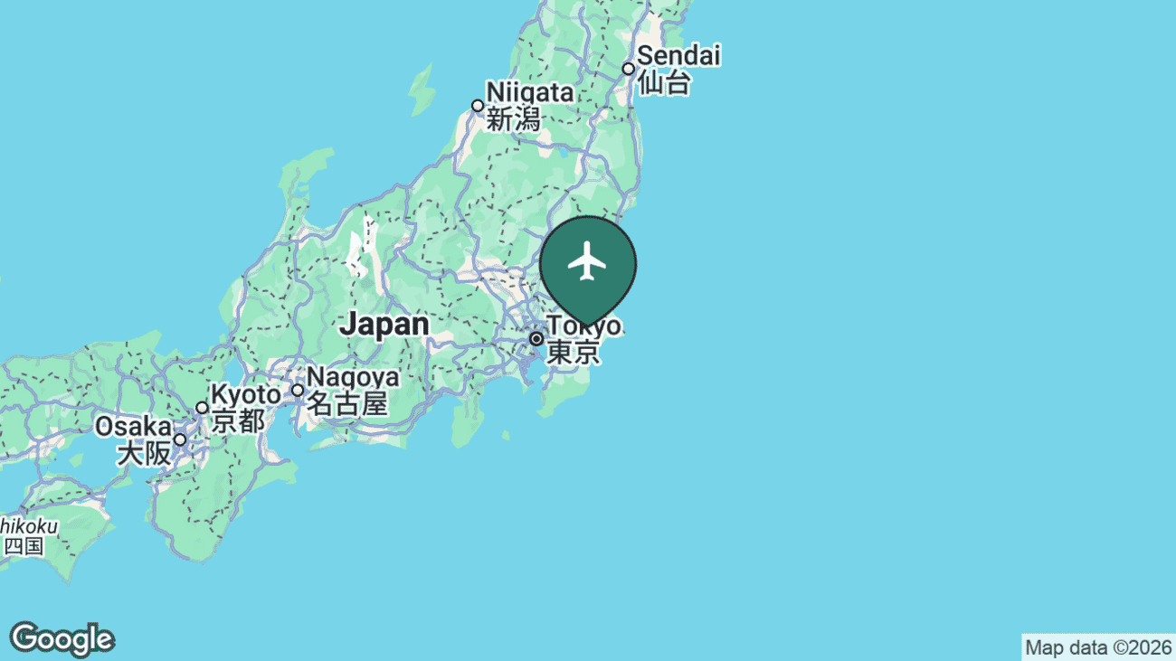 Map showing the location of Narita International Airport (NRT) in Japan