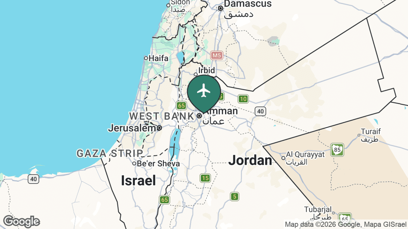 Map showing the location of Amman Civil (Marka) Airport (ADJ) in north-east Amman, northern Jordan