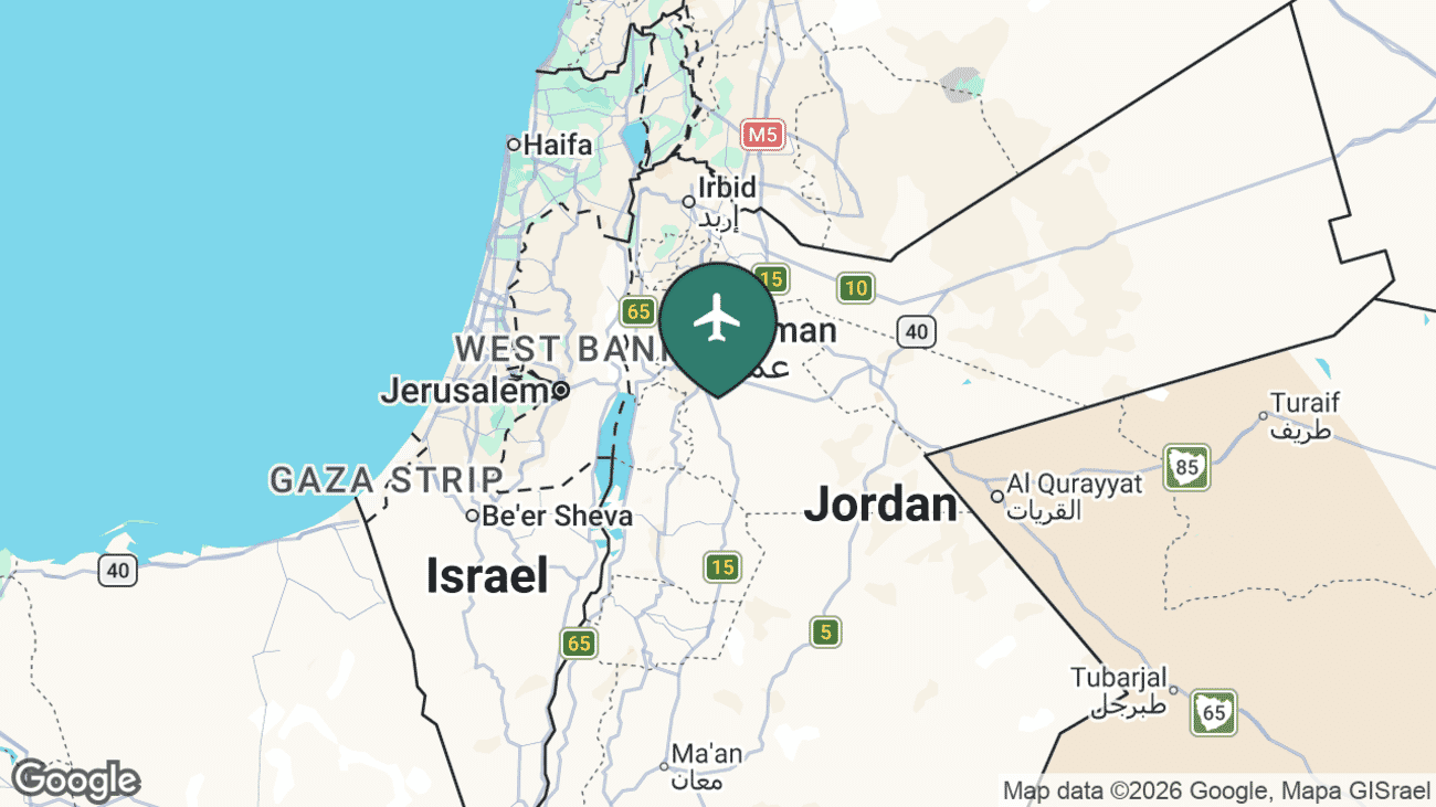 Map showing the location of Queen Alia International Airport (AMM) south of Amman in northern Jordan