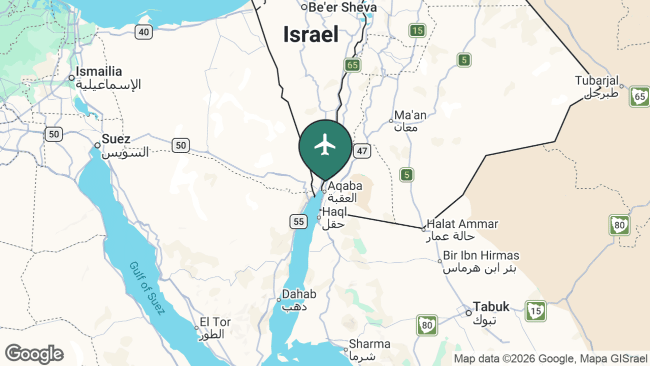 Map showing the location of Aqaba King Hussein International Airport (AQJ) on the Red Sea in southern Jordan