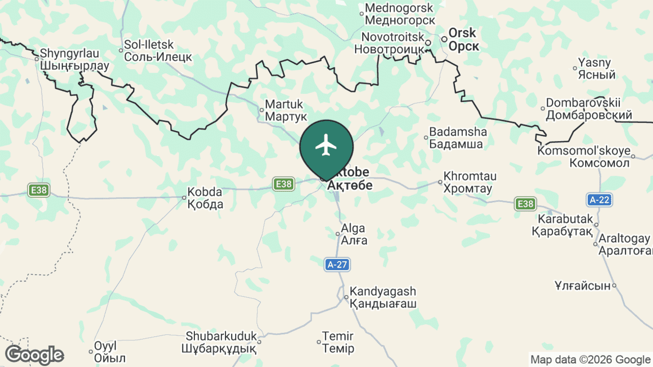 Map showing the location of Aktobe Airport (AKX) in Kazakhstan