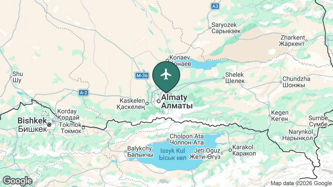 Map showing the location of Almaty Airport (ALA) in Kazakhstan