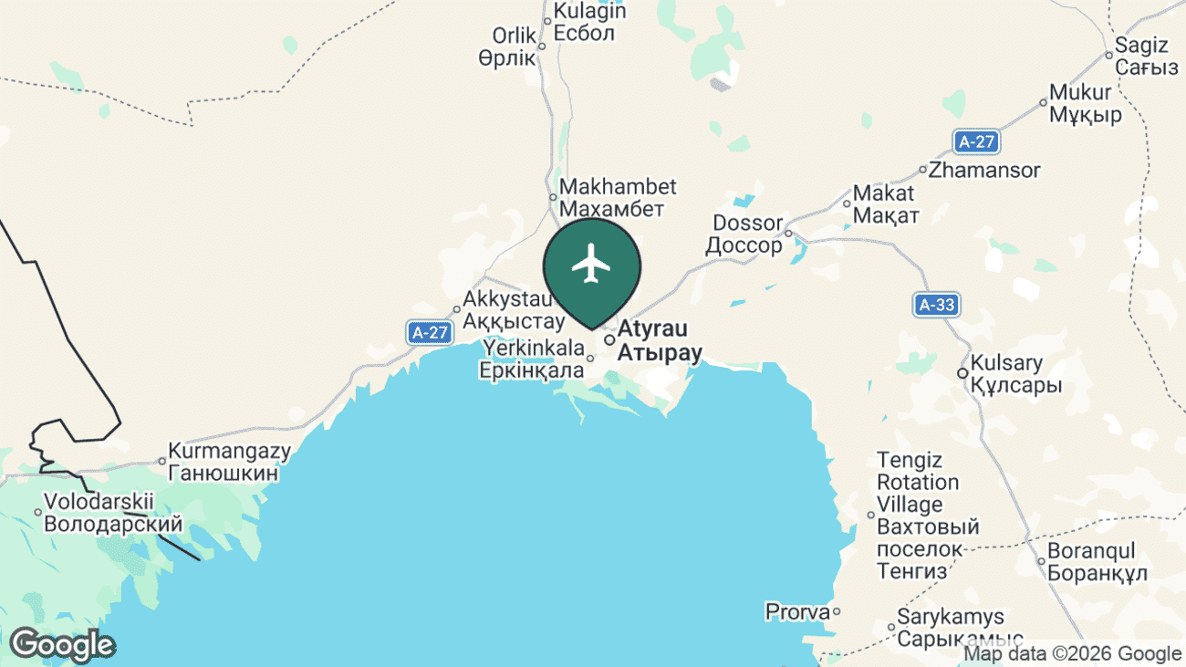 Map showing the location of Atyrau Airport (GUW) in Kazakhstan
