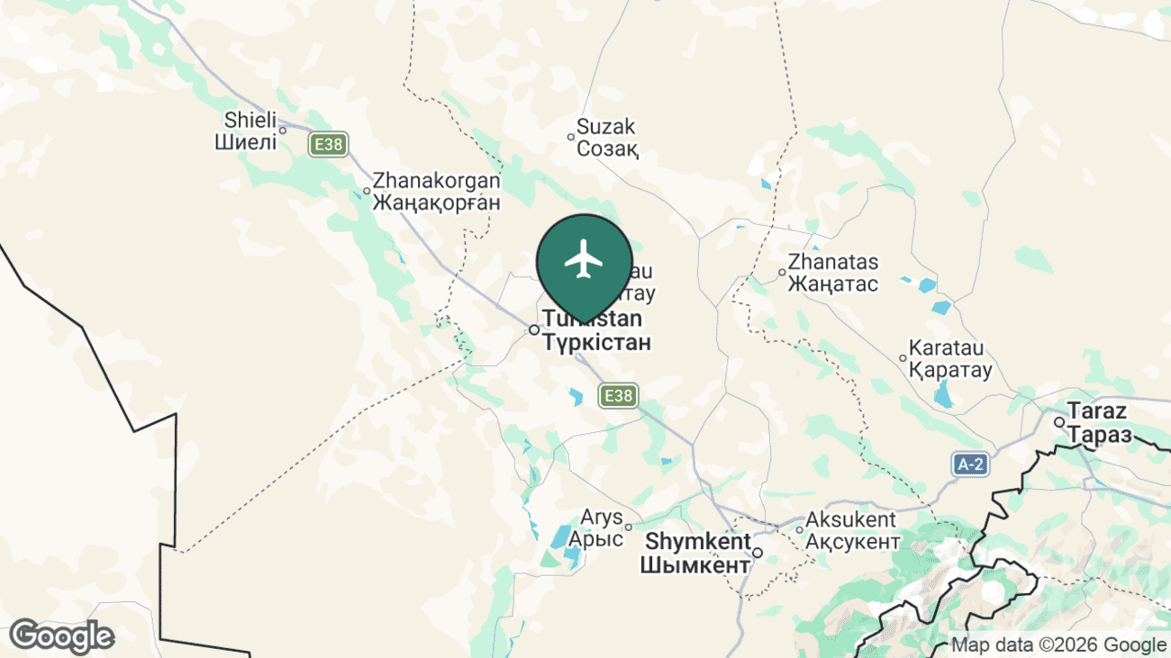 Map showing the location of Turkistan Airport (HSA) in Kazakhstan