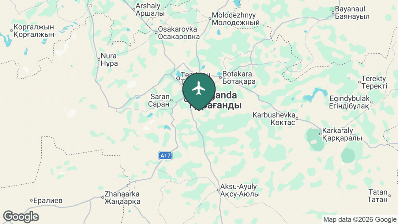 Map showing the location of Karaganda Airport (KGF) in Kazakhstan