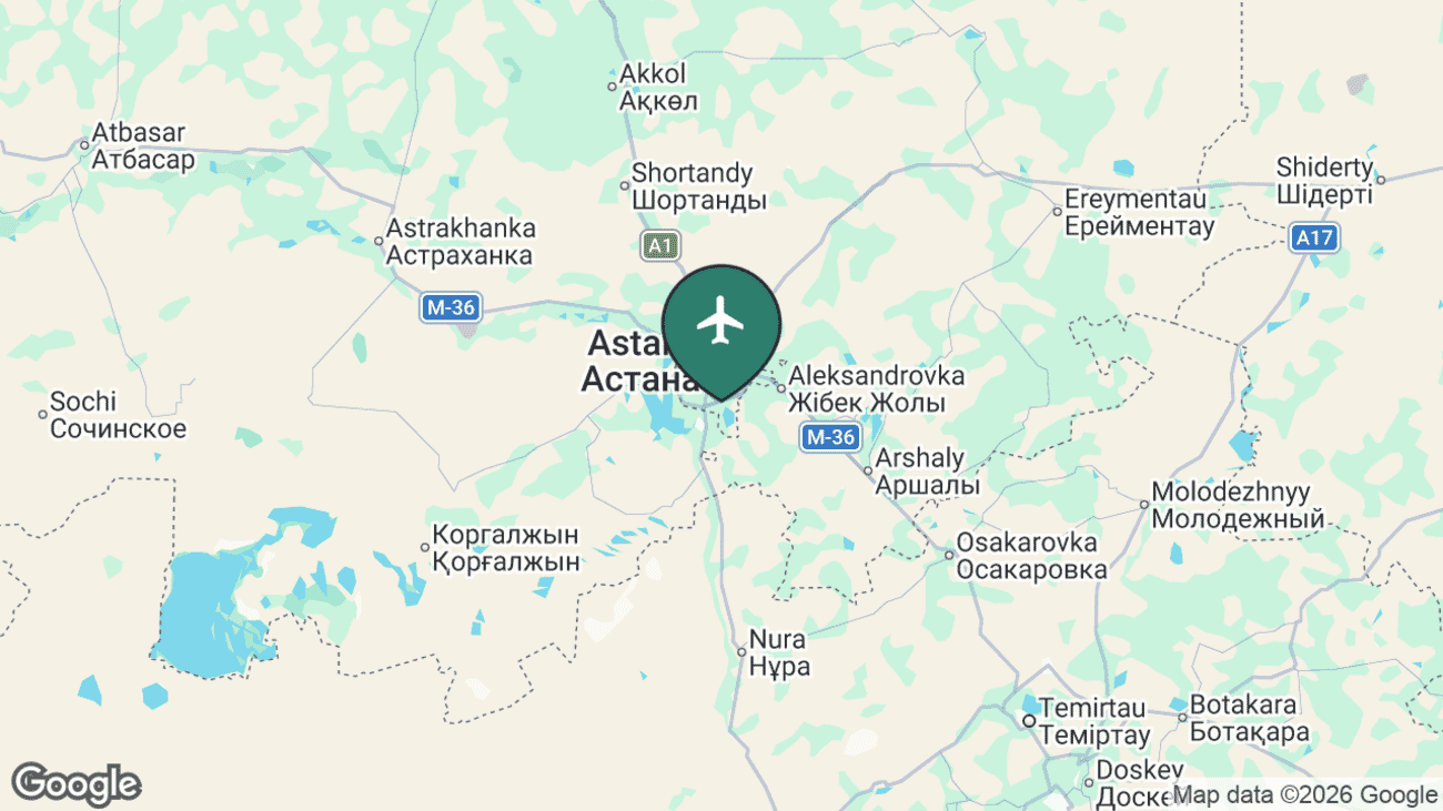 Map showing the location of Astana Airport (NQZ) in Kazakhstan