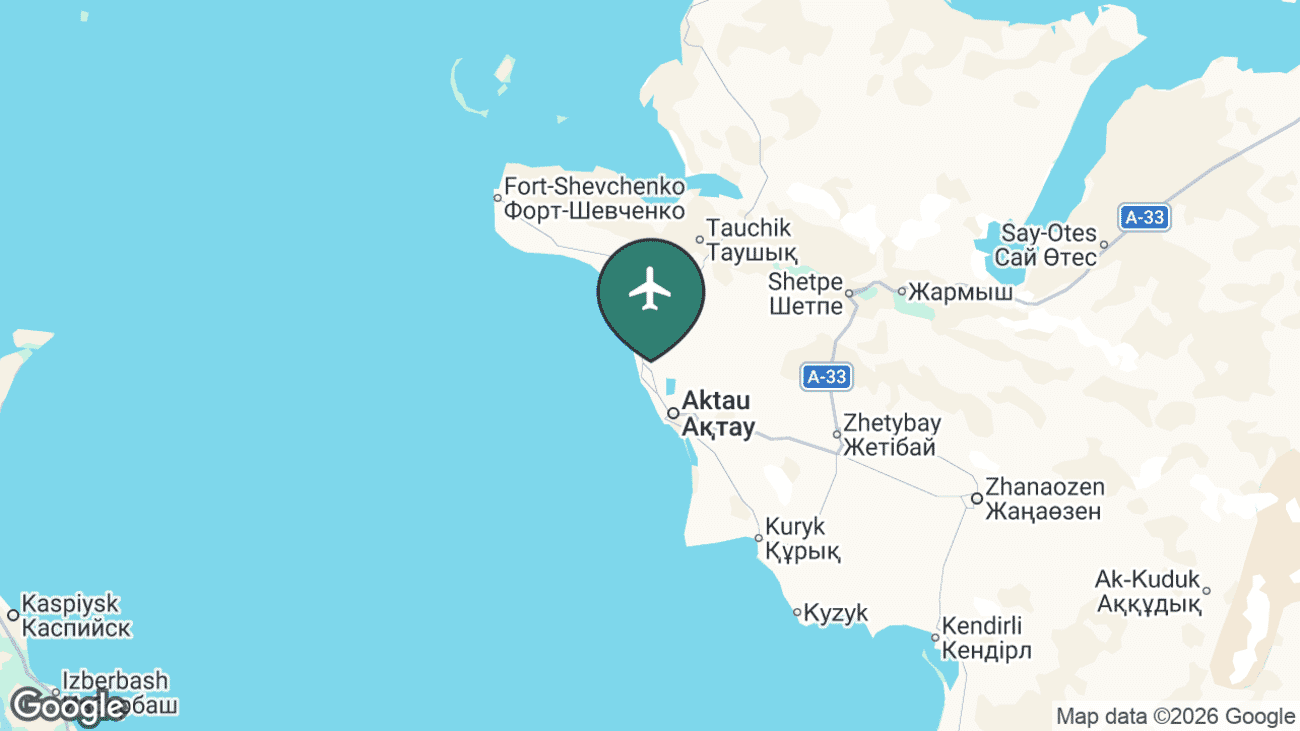 Map showing the location of Aktau Airport (SCO) in Kazakhstan