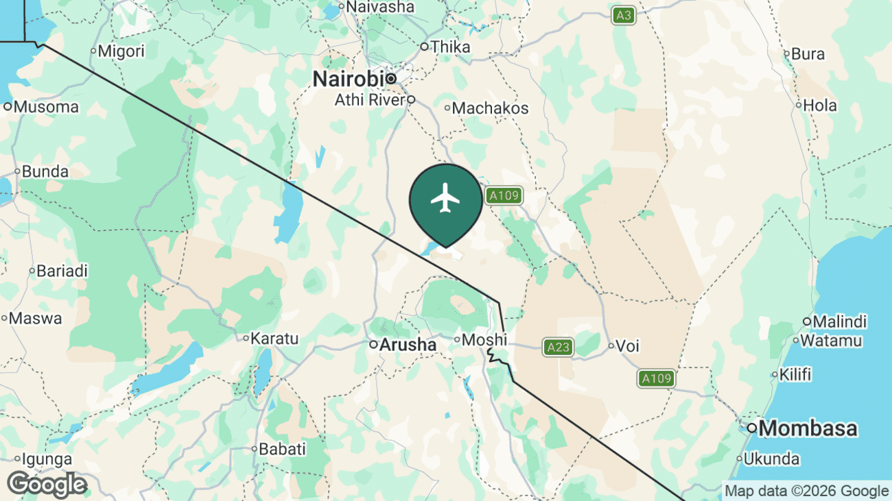 Map showing the location of Amboseli Airport (ASV) inside Amboseli National Park, southern Kenya
