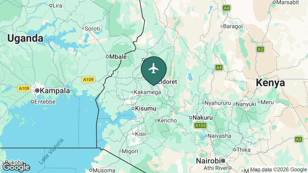Map showing the location of Eldoret International Airport (EDL) in Kenya's Rift Valley highlands