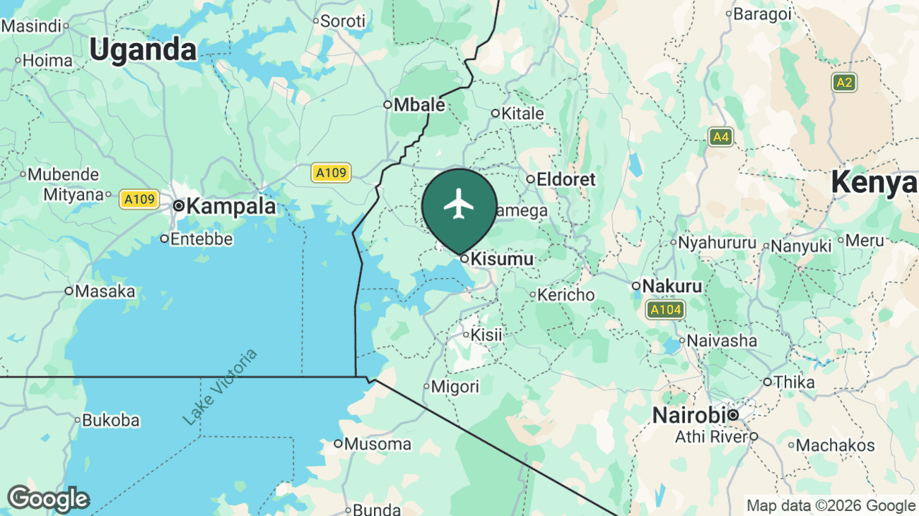 Map showing the location of Kisumu International Airport (KIS) by Lake Victoria in western Kenya
