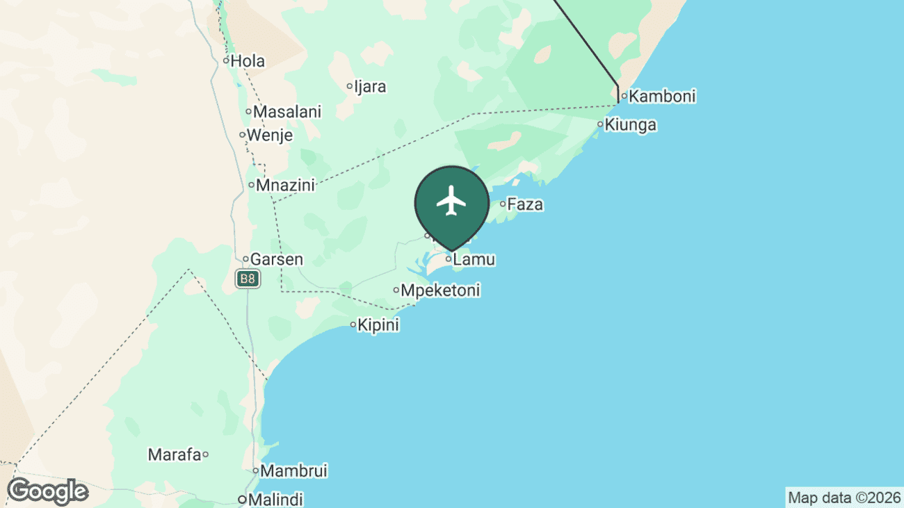 Map showing the location of Manda Airport (LAU) on Manda island in the Lamu archipelago, Kenya