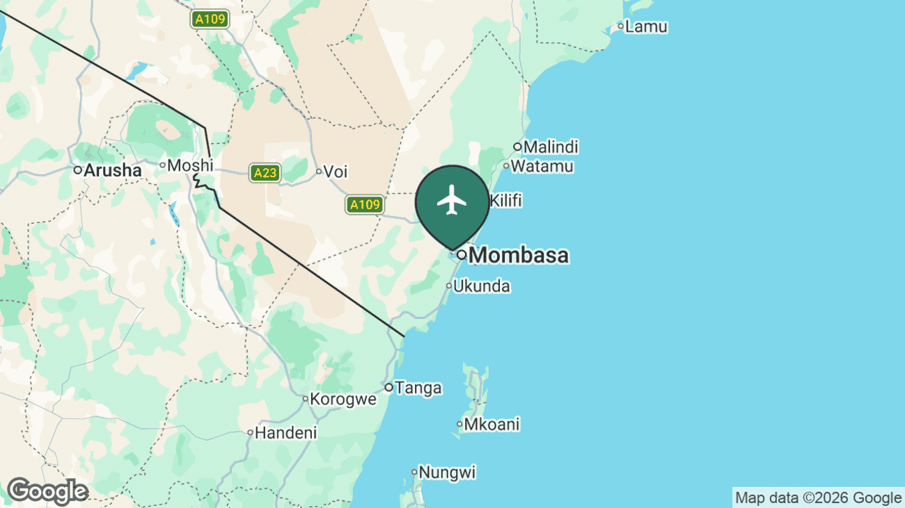 Map showing the location of Moi International Airport (MBA) at Mombasa on the Kenyan coast