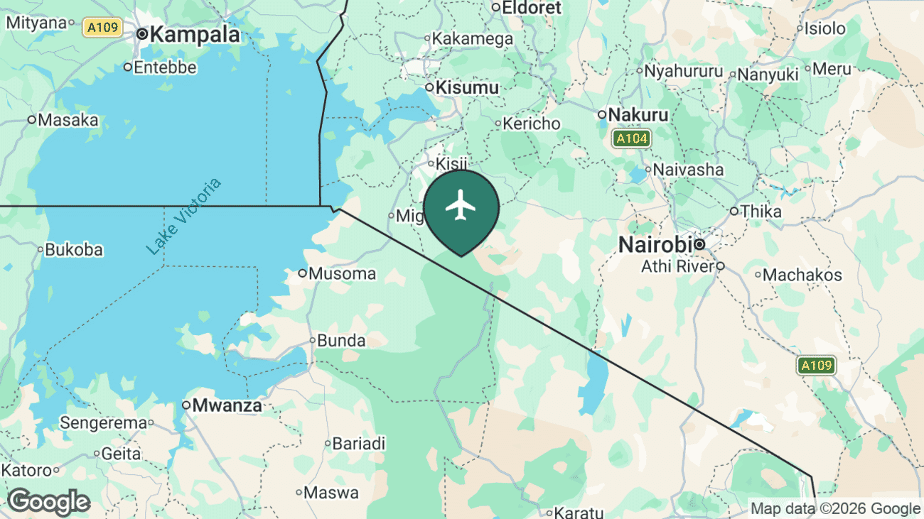 Map showing the location of Mara Serena Airstrip (MRE) in the Masai Mara National Reserve, Kenya