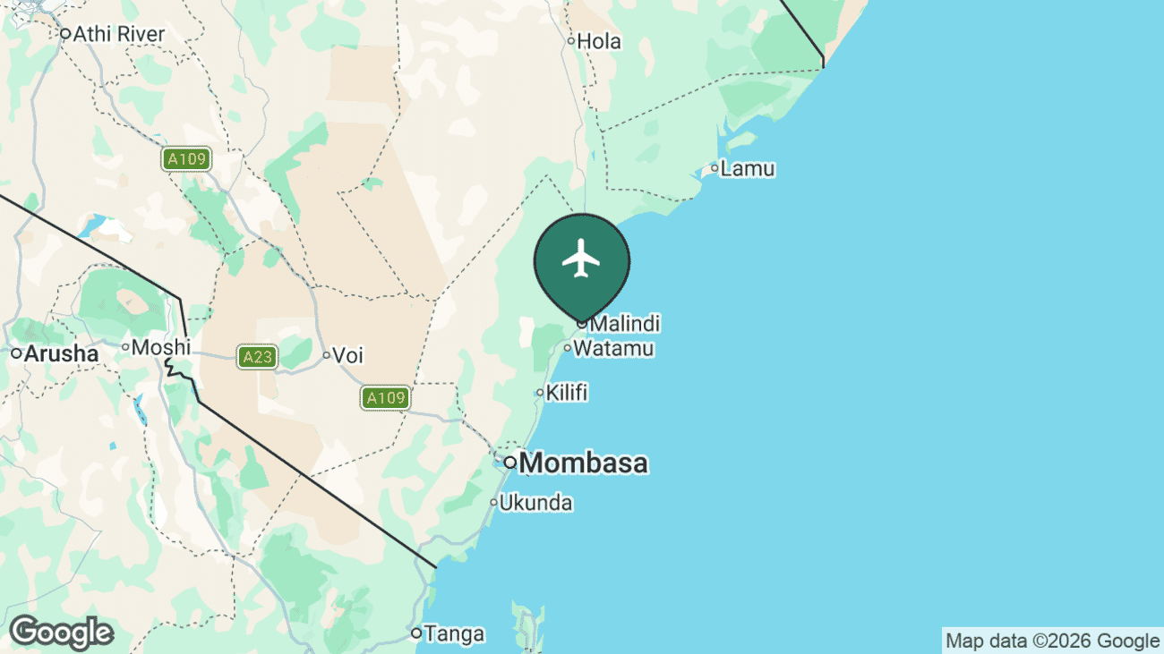 Map showing the location of Malindi Airport (MYD) on the Kenyan coast north of Mombasa