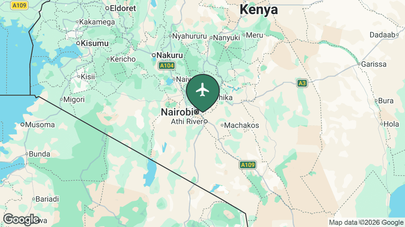 Map showing the location of Jomo Kenyatta International Airport (NBO) southeast of Nairobi, Kenya