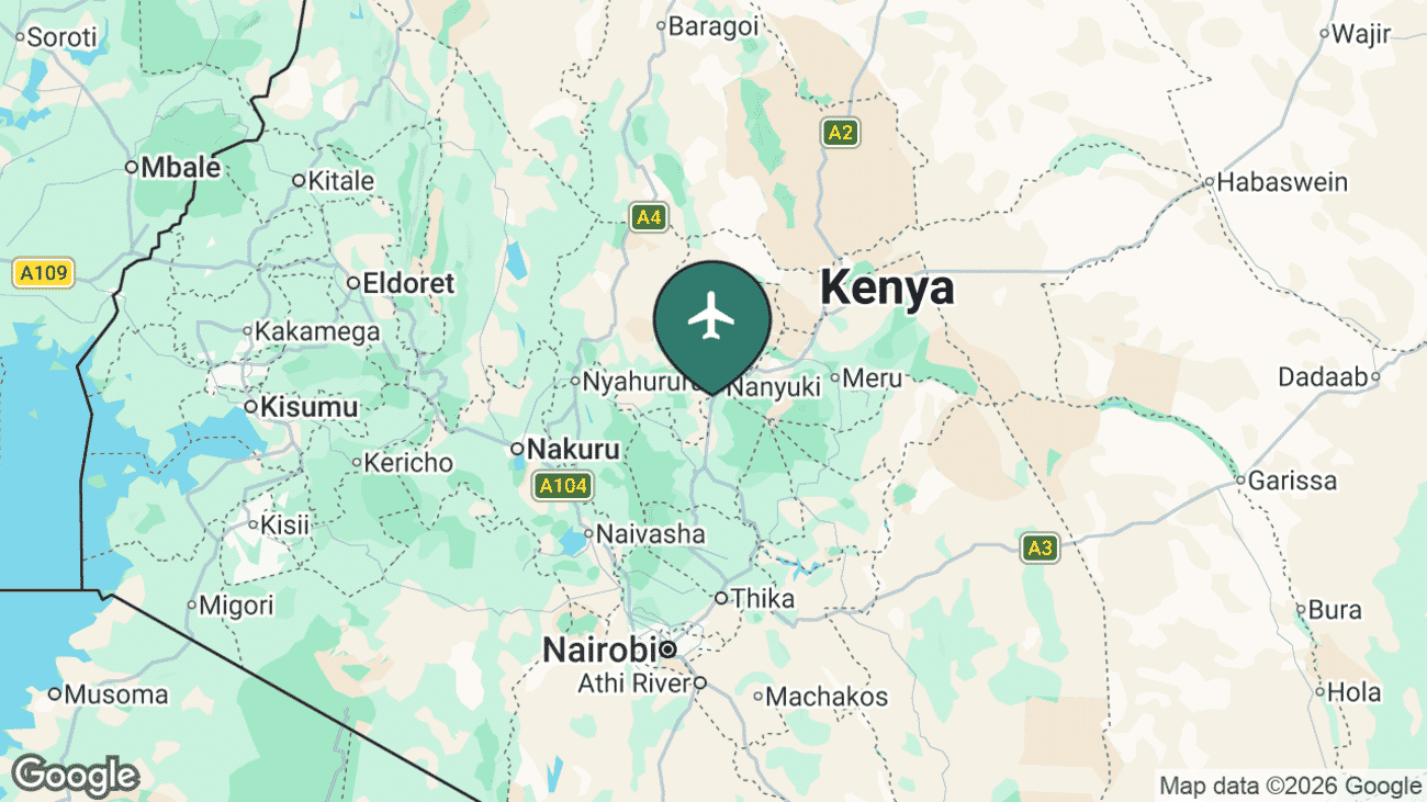 Map showing the location of Nanyuki Airport (NYK) near Mount Kenya on the Laikipia plateau
