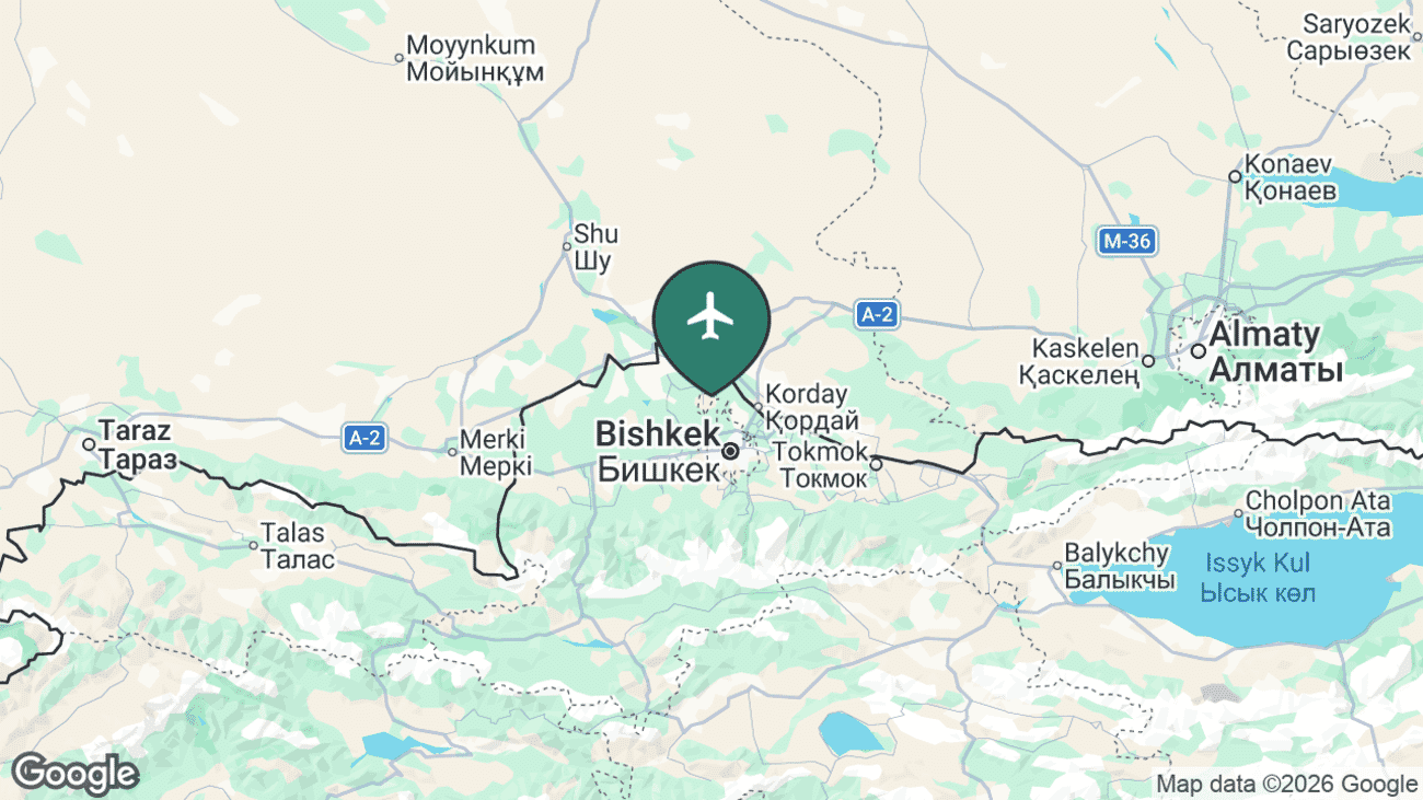 Map showing the location of Manas International Airport (BSZ) in Kyrgyzstan