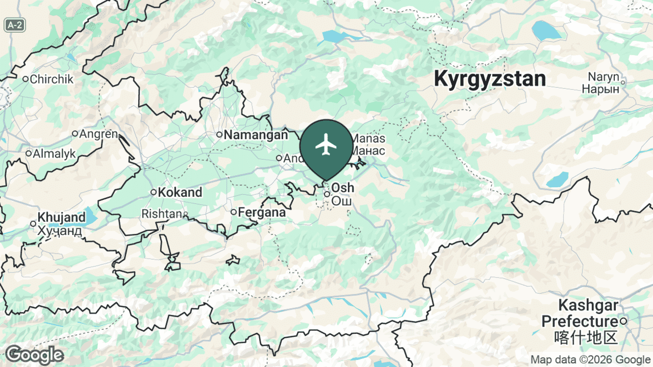 Map showing the location of Osh International Airport (OSS) in Kyrgyzstan