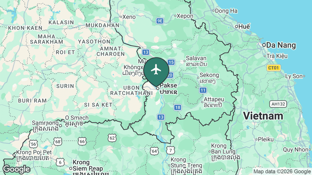 Map showing the location of Pakse International Airport (PKZ) in southern Laos, near the Thai and Cambodian borders