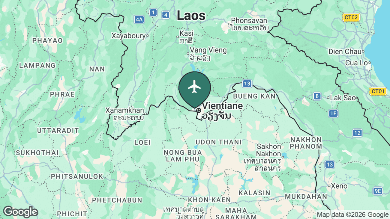 Map showing the location of Wattay International Airport (VTE) in Vientiane, on the Thai border in central Laos