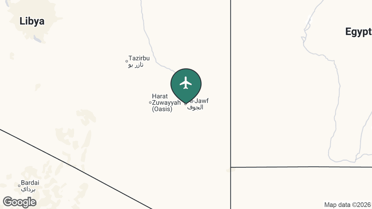Map showing the location of Kufra Airport (AKF) at the Kufra oasis in remote south-eastern Libya