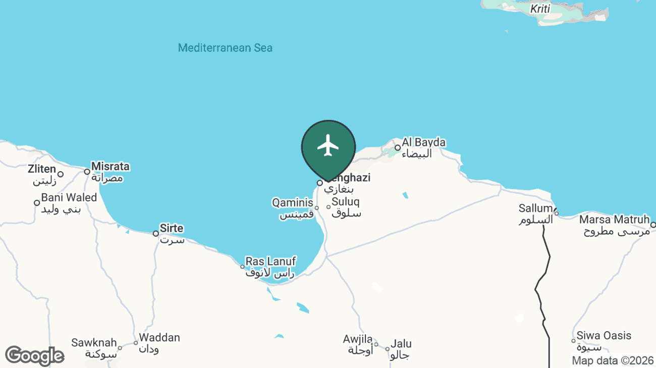 Map showing the location of Benina International Airport (BEN) near Benghazi in eastern Libya