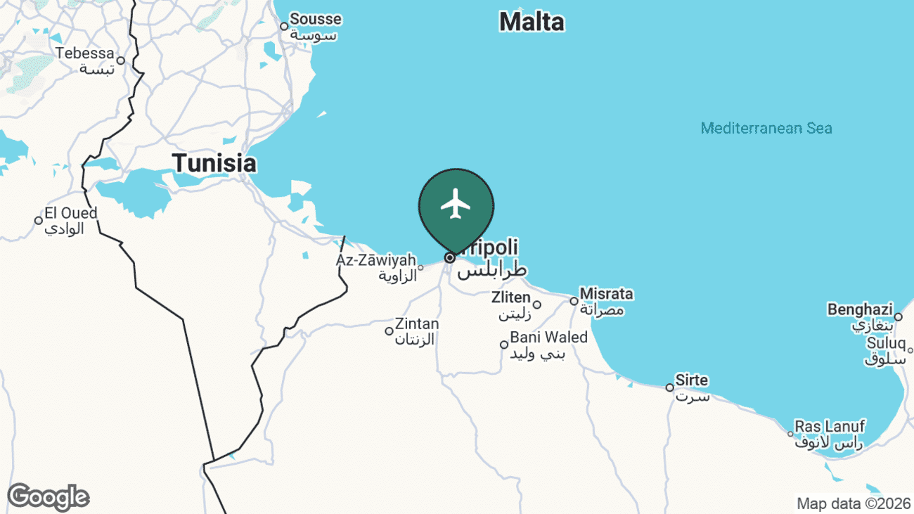 Map showing the location of Tripoli Mitiga International Airport (MJI) on the eastern edge of Tripoli in north-west Libya