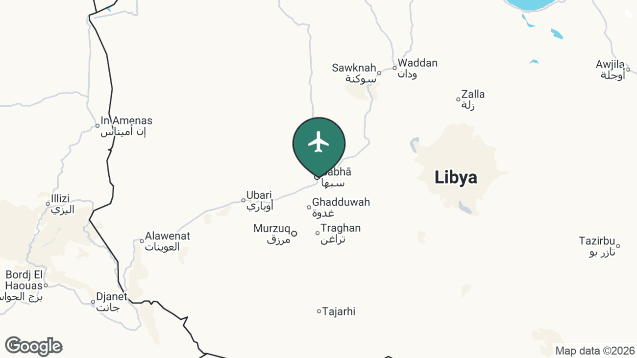 Map showing the location of Sabha Airport (SEB) in the Fezzan region of southern Libya