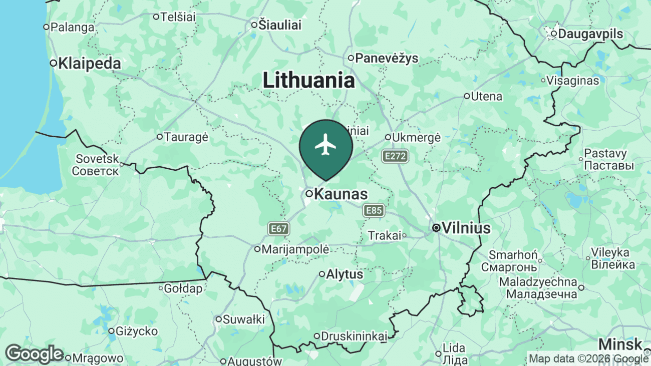 Map showing the location of Kaunas International Airport (KUN) in central Lithuania, near the country's second city