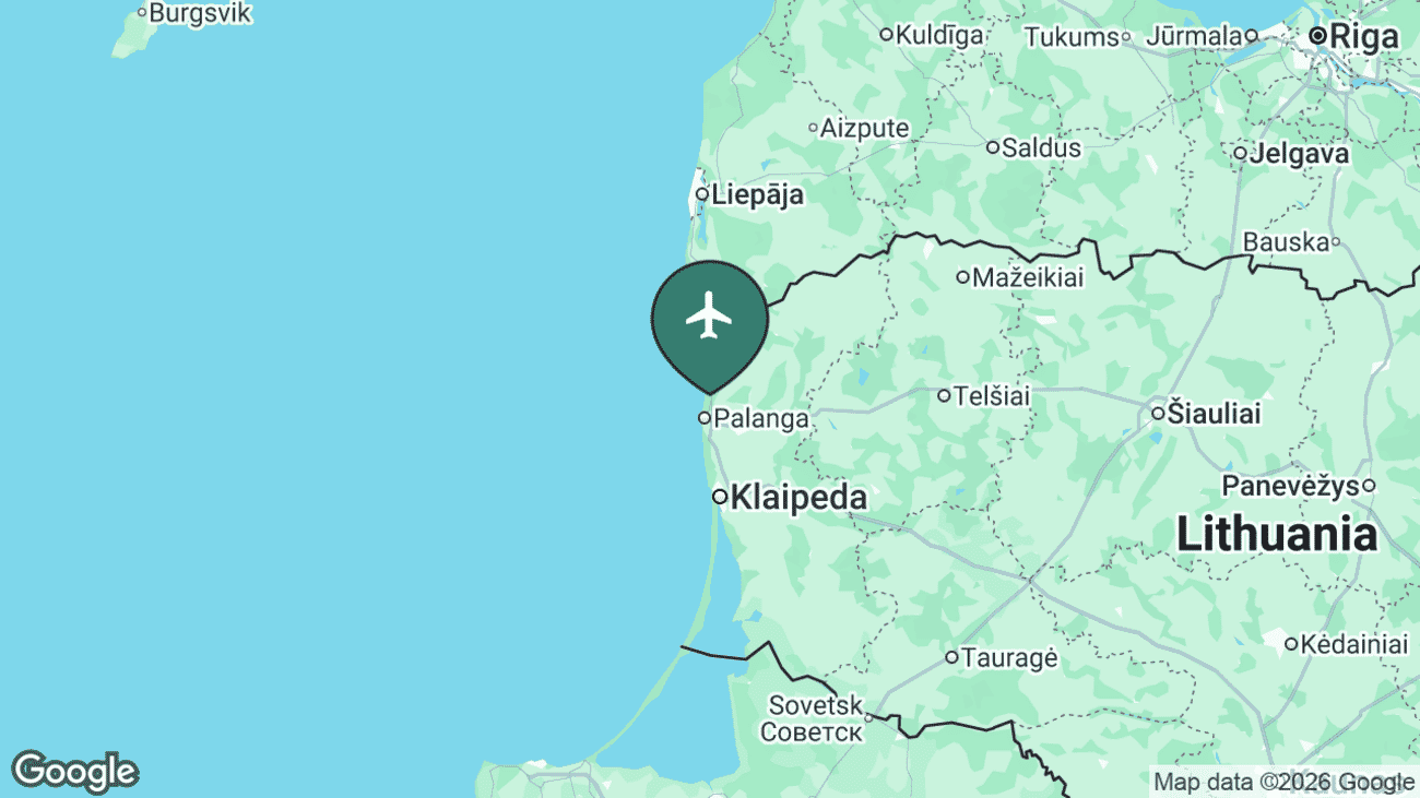 Map showing the location of Palanga International Airport (PLQ) on the Baltic coast in north-west Lithuania, near the resort town of Palanga and the port city of Klaipeda