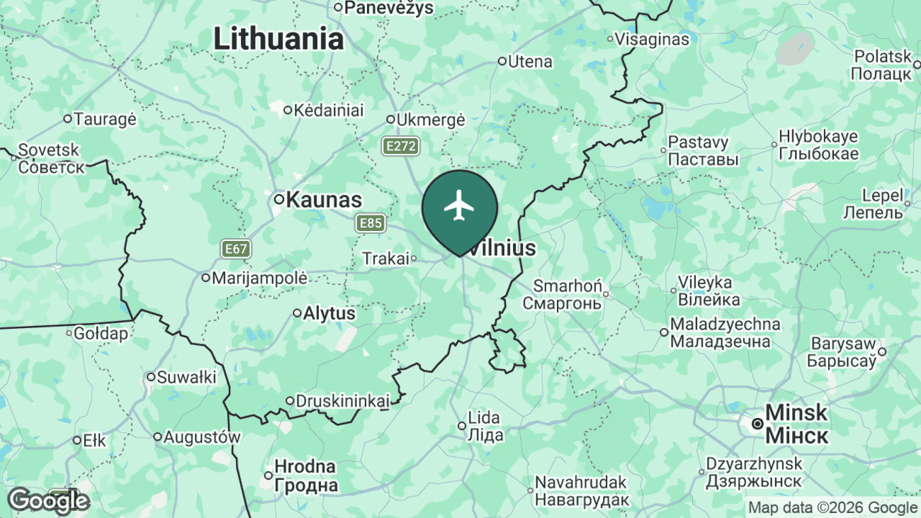 Map showing the location of Vilnius International Airport (VNO) in south-east Lithuania, near the capital and the Belarus border