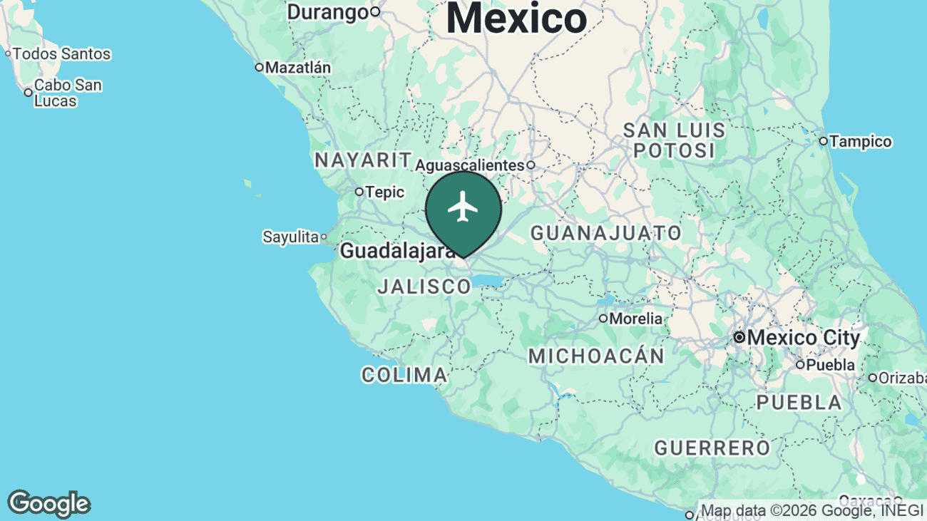 Map showing the location of Guadalajara International (GDL) in Mexico