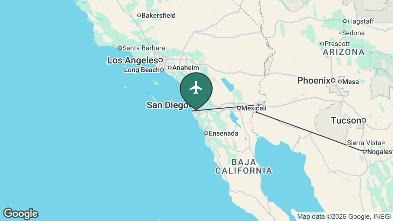 Map showing the location of Tijuana International (TIJ) in Mexico