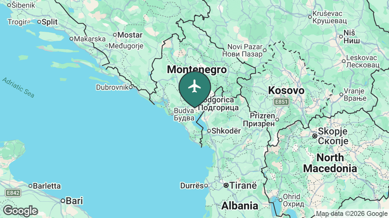 Map showing the location of Podgorica Airport (TGD) near the capital of Montenegro