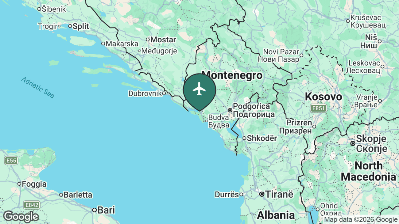 Map showing the location of Tivat Airport (TIV) on the Adriatic coast of Montenegro
