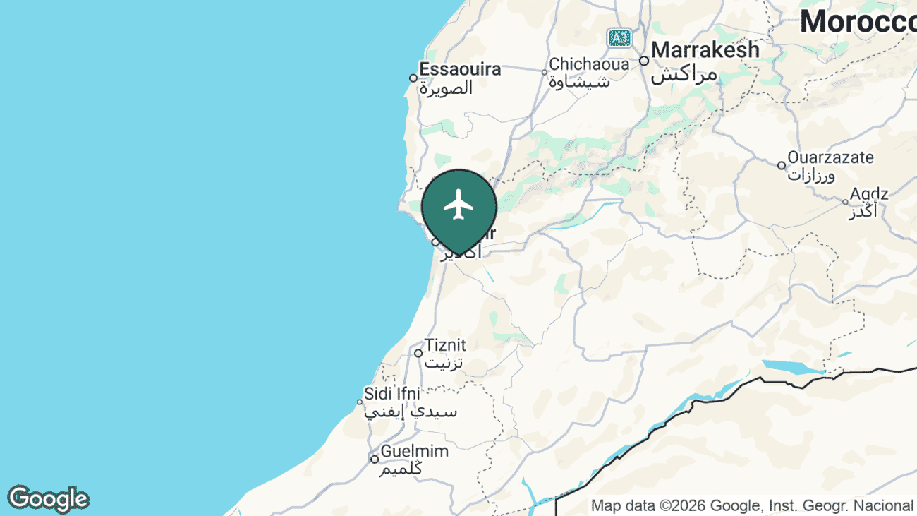 Map showing the location of Agadir Airport (AGA) in Morocco