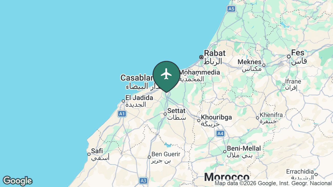 Map showing the location of Casablanca Airport (CMN) in Morocco