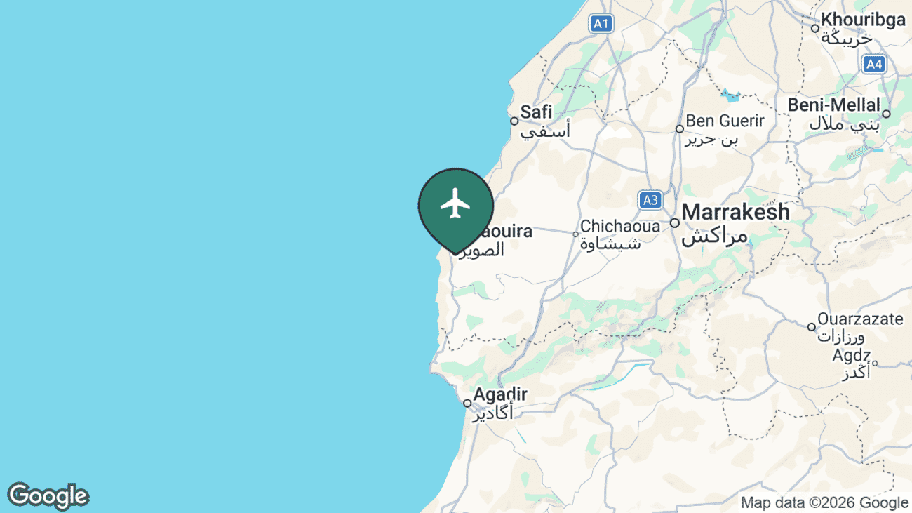Map showing the location of Essaouira Airport (ESU) in Morocco