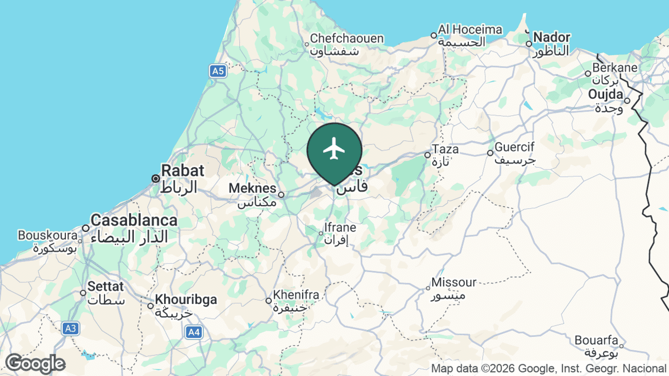 Map showing the location of Fes Airport (FEZ) in Morocco