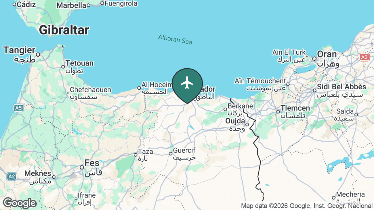 Map showing the location of Nador Airport (NDR) in Morocco