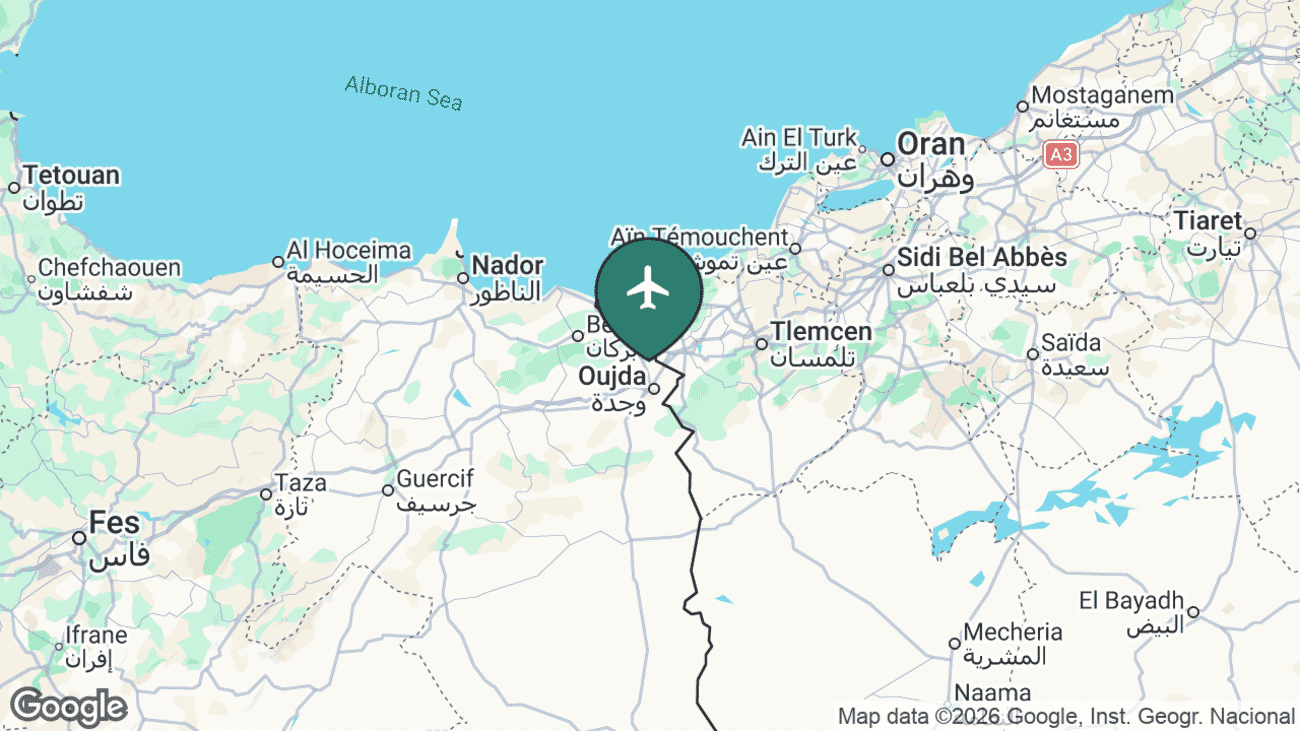 Map showing the location of Oujda Airport (OUD) in Morocco