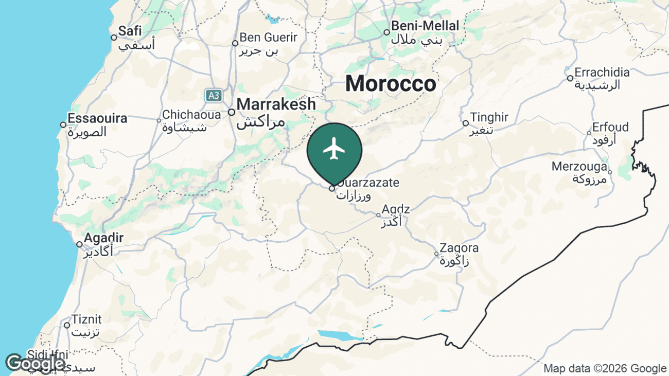 Map showing the location of Ouarzazate Airport (OZZ) in Morocco
