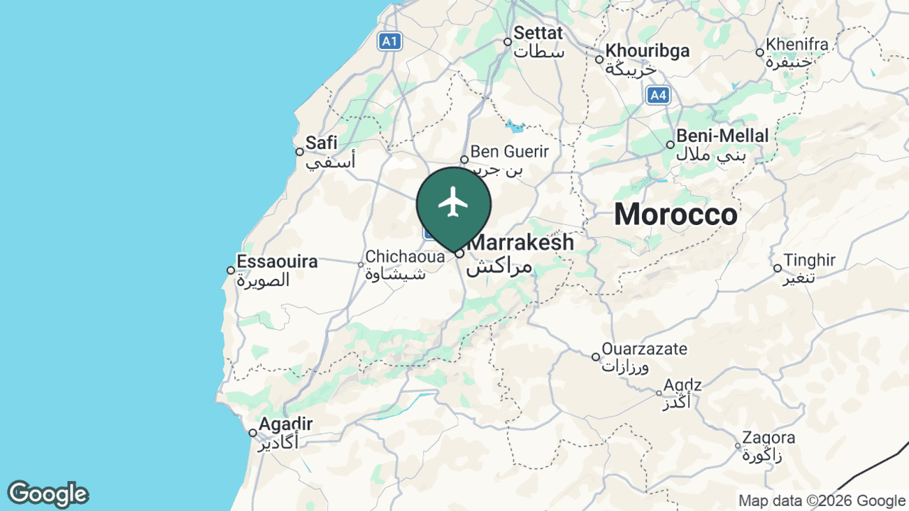 Map showing the location of Marrakech Airport (RAK) in Morocco