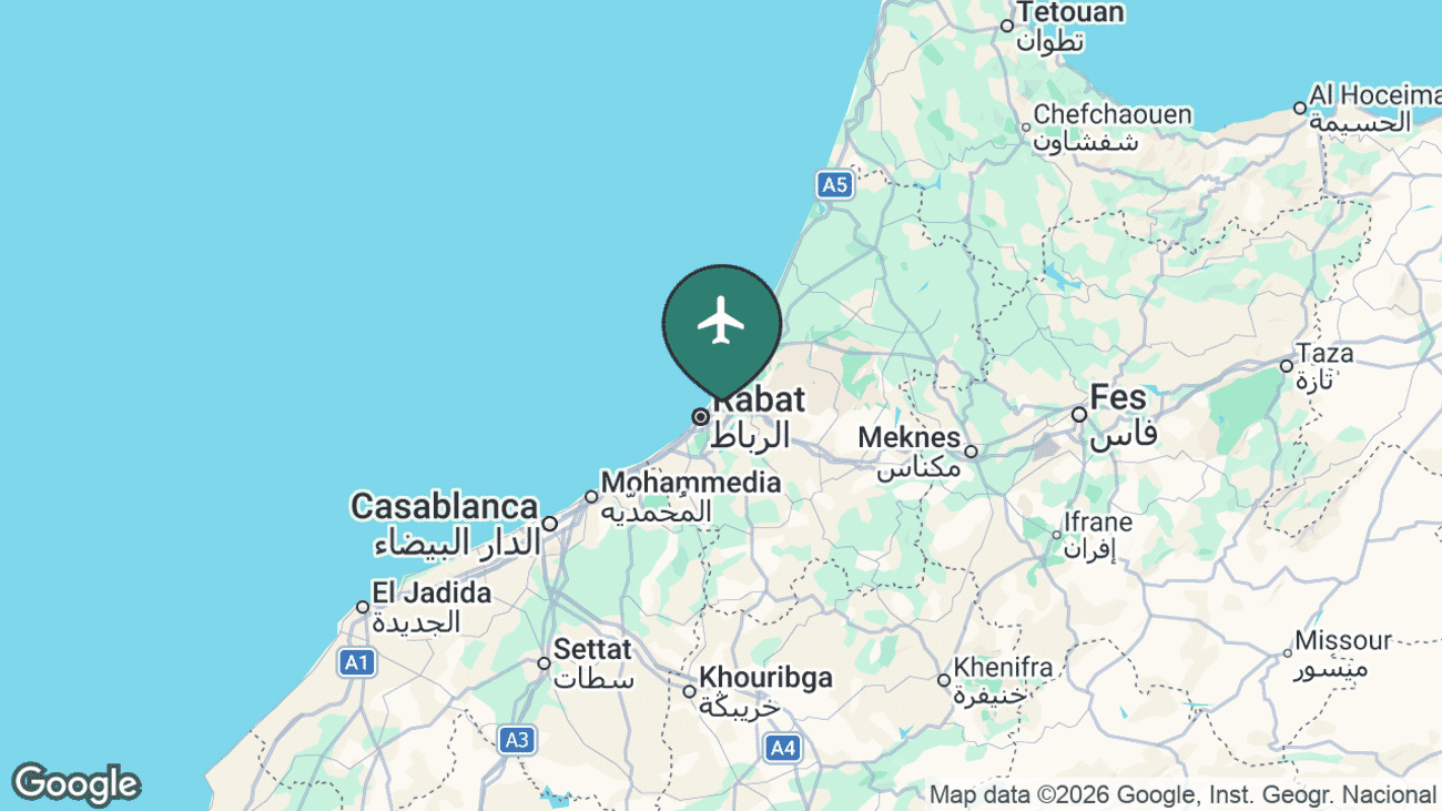 Map showing the location of Rabat Airport (RBA) in Morocco