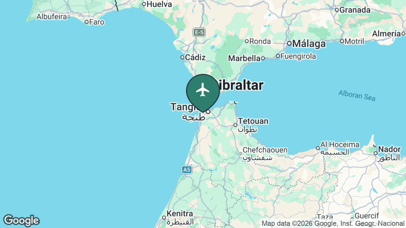 Map showing the location of Tangier Airport (TNG) in Morocco