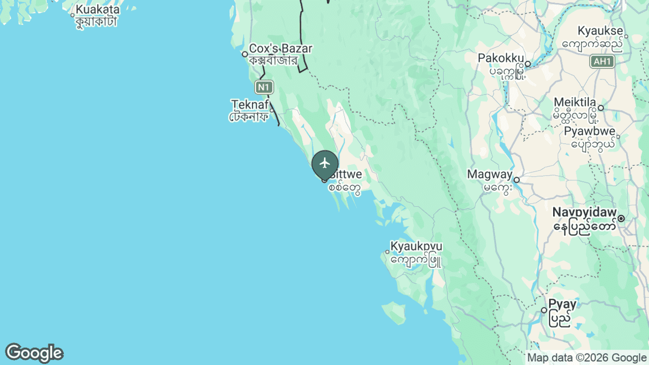 Map showing the location of Sittwe Airport (AKY) in Rakhine State, western Myanmar