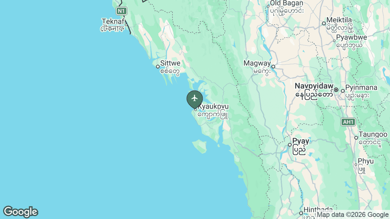 Map showing the location of Kyaukpyu Airport (KYP) on the Rakhine coast of western Myanmar