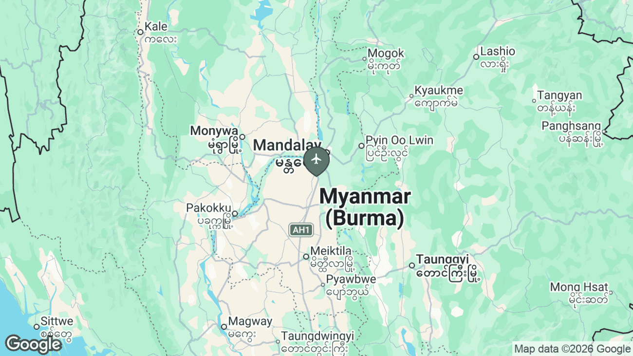 Map showing the location of Mandalay International Airport (MDL) in central Myanmar