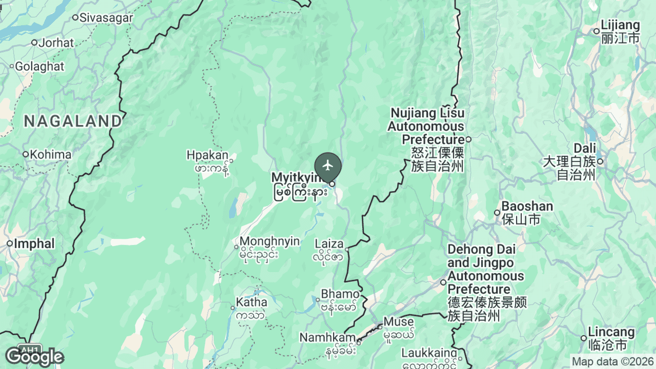 Map showing the location of Myitkyina Airport (MYT) in Kachin State, far northern Myanmar